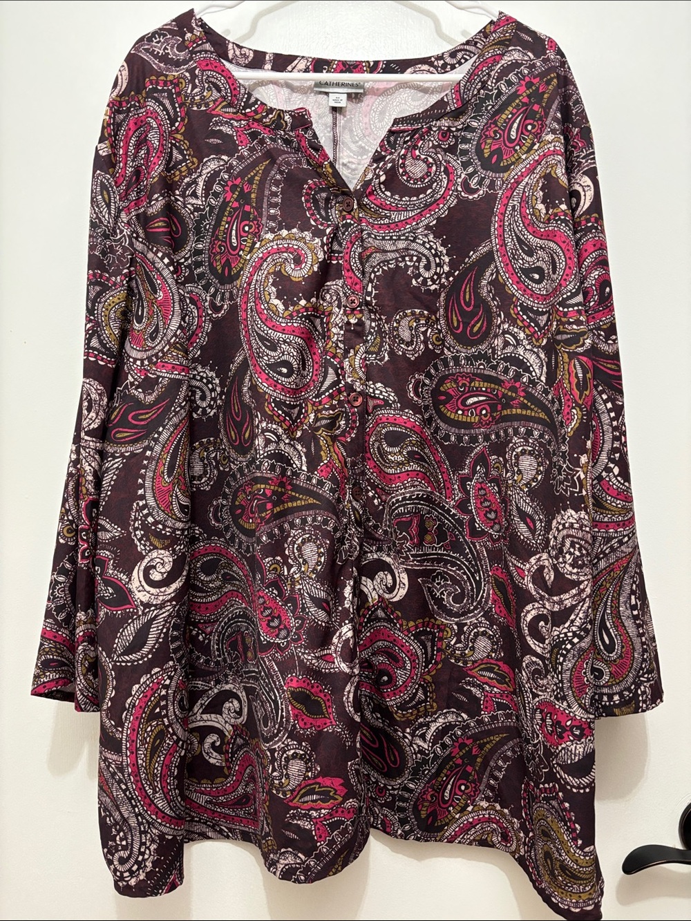 Catherines Paisley Tunic Top - Burgundy, Pink, Cream Sz 4X
